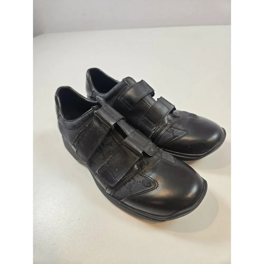 Gucci Shoes Mens Size 7.5 Black Strap Leather Canvas Logo Made In Italy